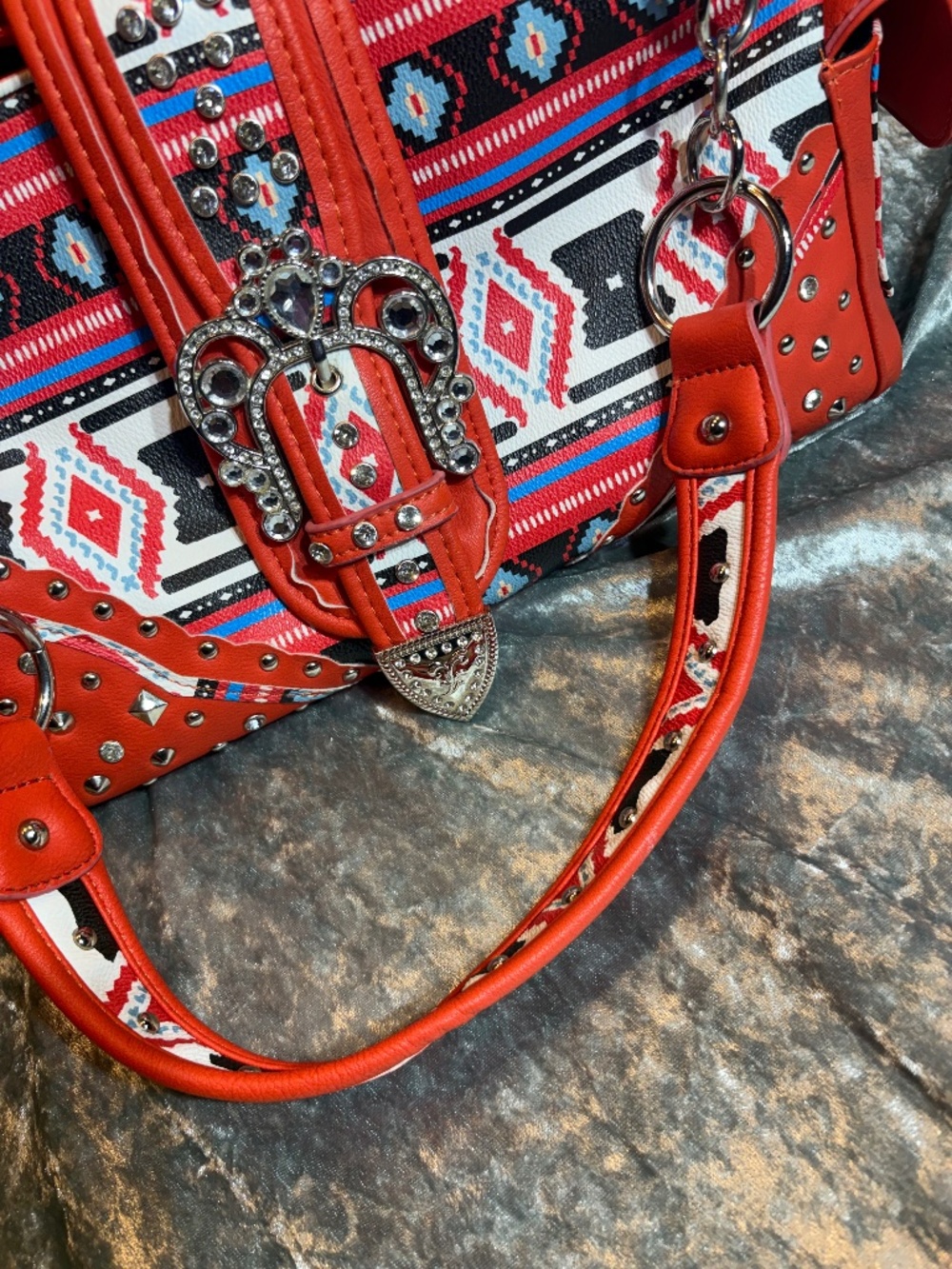 Western Aztec Print Rhinestone Buckle Handbag Red Shoulder Bag
